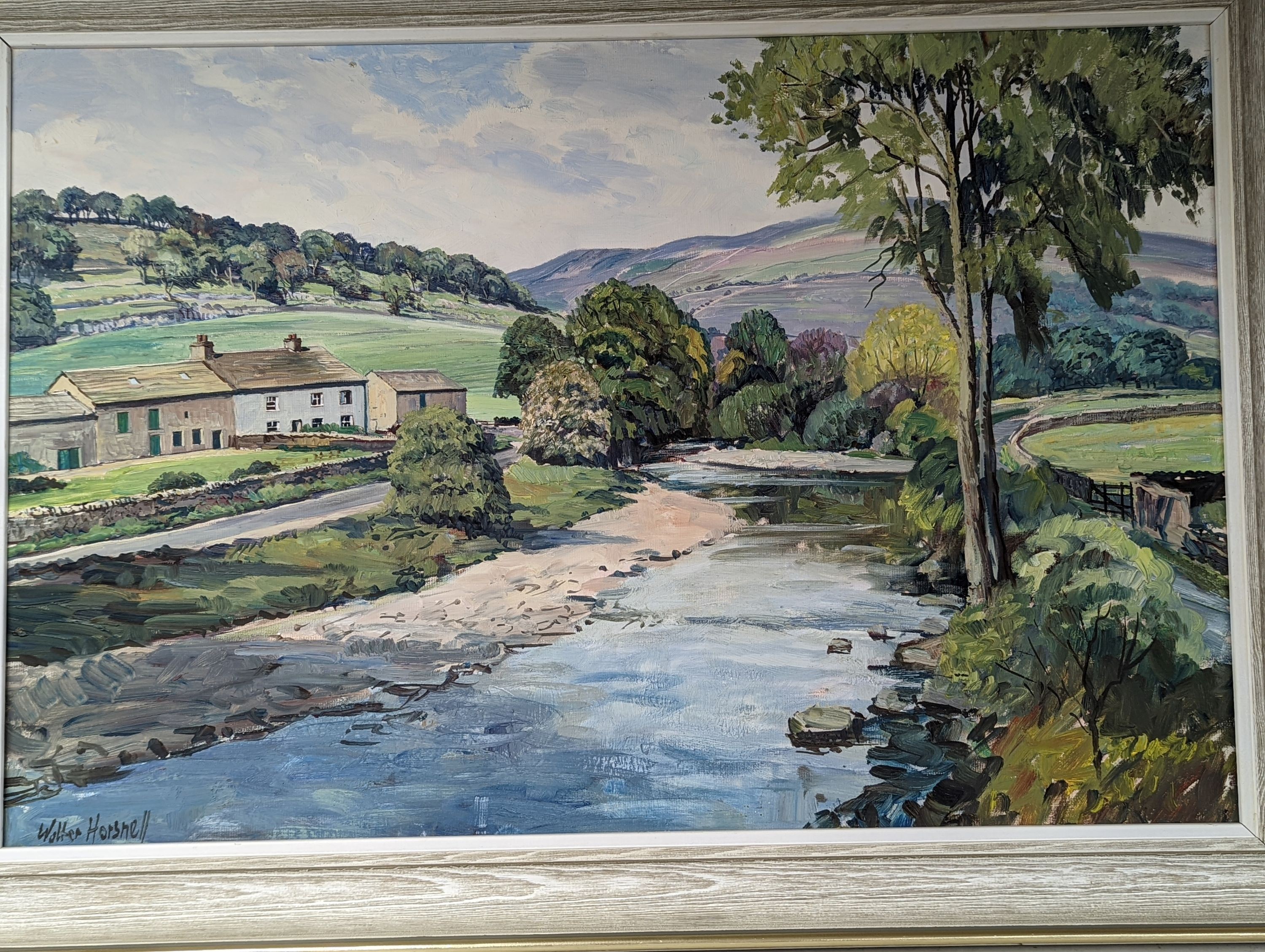 Walter Cecil Horswell (1911-1997), oil on board, 'Hubberholme' Yorkshire dale river scene